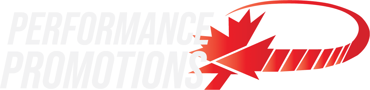 Logo with text "PERFORMANCE PROMOTIONS" beside a stylized red maple leaf and hockey stick.